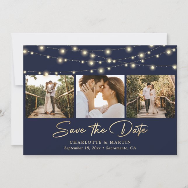 Navy Blue Gold String Lights Photo Collage Wedding Save The Date (Front)
