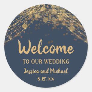 Navy Blue Gold String Lights Round Classic Round Sticker