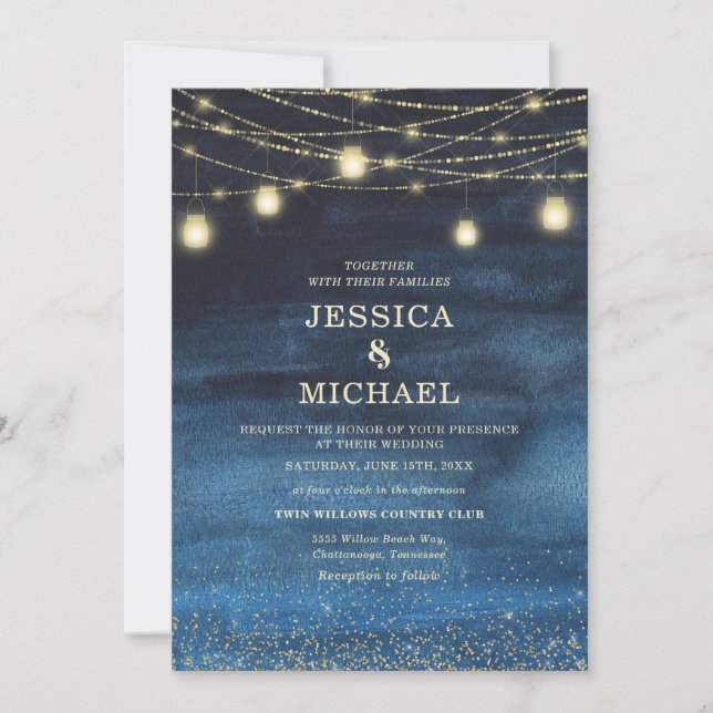 Navy Blue Gold String Lights Wedding Invitation (Front)