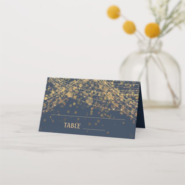 Navy Blue Gold String Lights Wedding Place Card (Front)