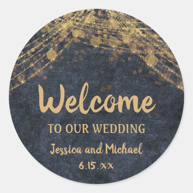 Navy Blue Gold String Lights Wedding Welcome Classic Round Sticker (Front)