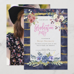 Navy Blue/Gold Stripe/Floral/Your Photo/Graduation Invitation