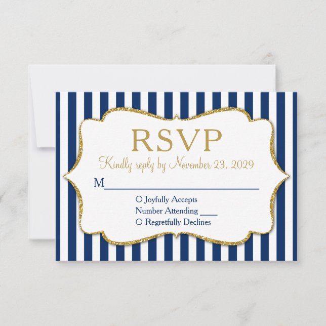 Navy Blue Gold Stripe RSVP Wedding Response (Front)