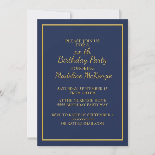 Navy Blue Gold Striped Birthday Party Invite (Front)