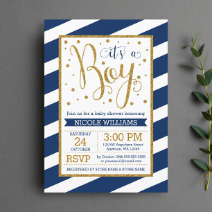Navy Blue Gold Stripes Boy Baby Shower Invitations