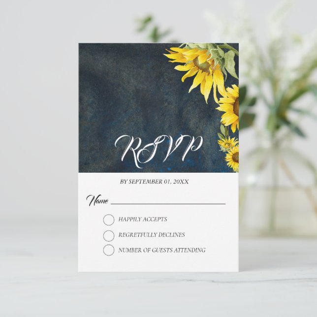 Navy Blue & Gold Sunflowers RSVP Card (Standing Front)