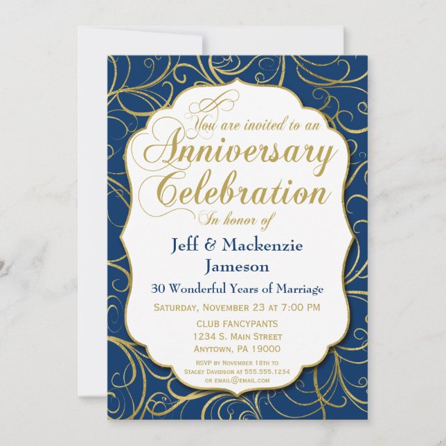 Navy Blue Gold Swirl Anniversary Invitation (Front)