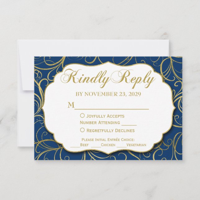 Navy Blue Gold Swirl RSVP Wedding Response w/ Meal (Front)