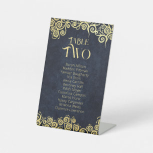 Navy Blue & Gold Swirls Seating Chart Table Number Pedestal Sign