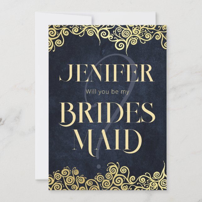  Navy Blue & Gold Swirls Will You Be My Bridesmaid Invitation (Front)