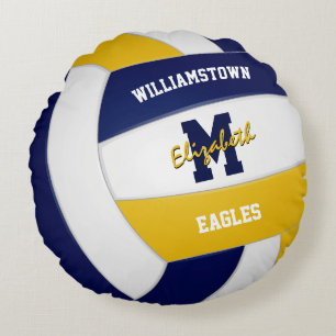 navy blue gold team colours kids volleyball round cushion