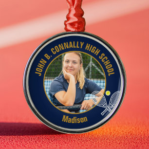 Navy Blue Gold Tennis Player Photo Christmas Gift Metal Ornament