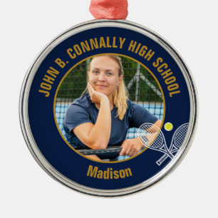 Navy Blue Gold Tennis Player Photo Christmas Gift Metal Ornament
