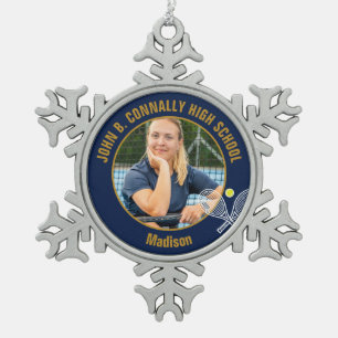 Navy Blue Gold Tennis Player Photo High School Snowflake Pewter Christmas Ornament