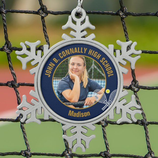Navy Blue Gold Tennis Player Photo High School Snowflake Pewter Christmas Ornament (Creator Uploaded)