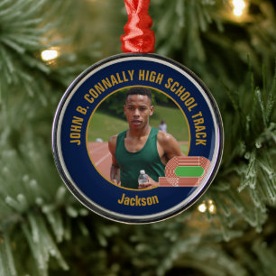 Navy Blue Gold Track & Field Photo Christmas Metal Ornament