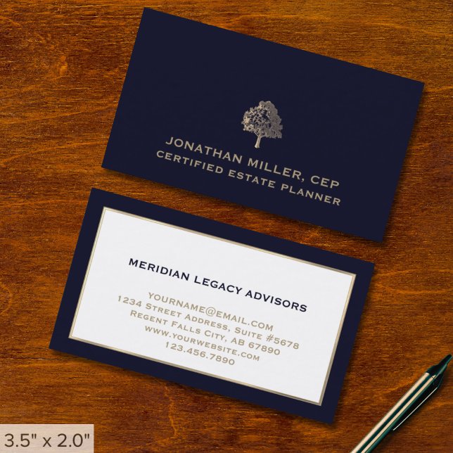 Navy Blue Gold Tree Logo Business Cards (Creator Uploaded)