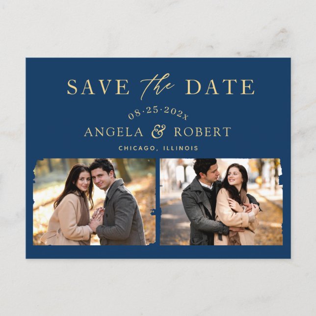Navy Blue Gold Trendy 2 Photo Save the Date Postcard (Front)