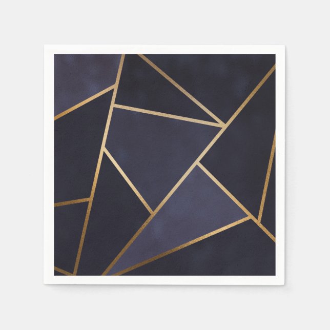 Navy Blue Gold Triangles Geometric Elegant Classy Napkin (Front)