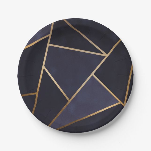Navy Blue Gold Triangles Geometric Elegant Classy Paper Plate (Front)
