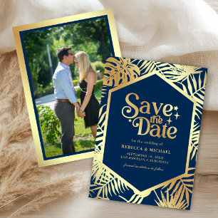 Navy Blue Gold Tropical Palm Wedding Photo Save The Date