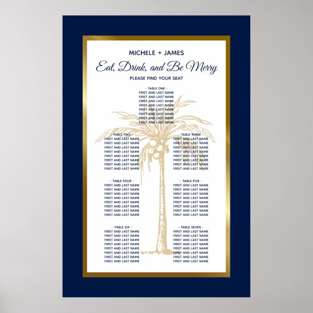 Navy Blue Gold Tropical Palm Wedding Seating Chart (Front)