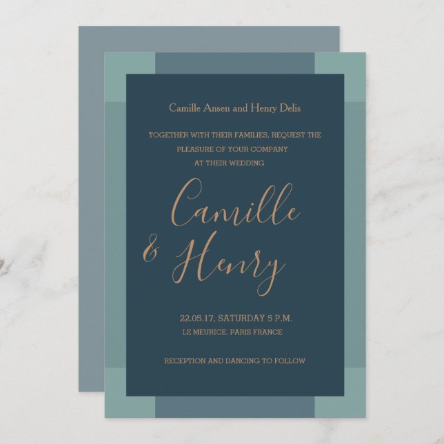 Navy blue gold turquoise elegant modern wedding invitation (Front/Back)