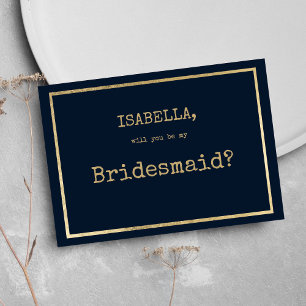 Navy blue gold typewriter font rustic Bridesmaid Invitation