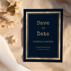 Navy blue gold typewriter font Save the Date Invitation
