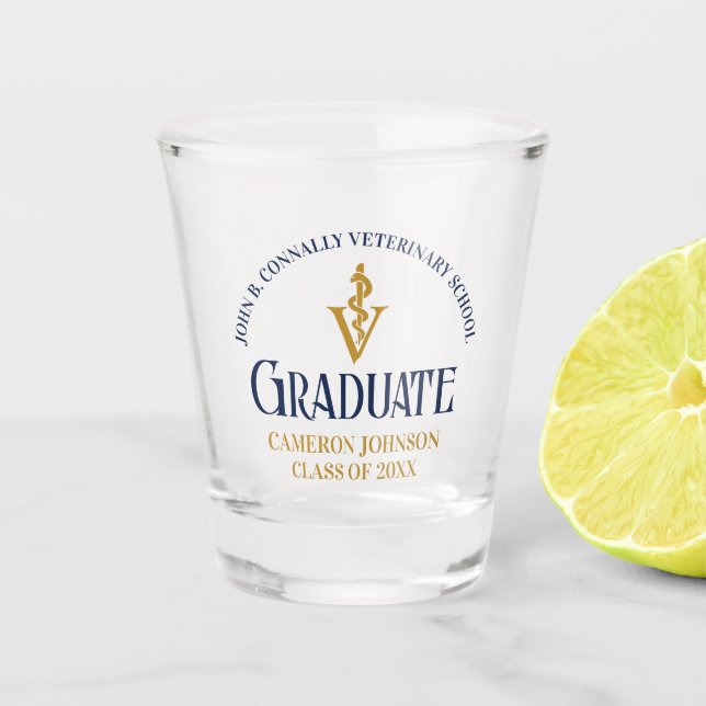 Navy Blue Gold Veterinary School Graduation Custom Shot Glass (Front)