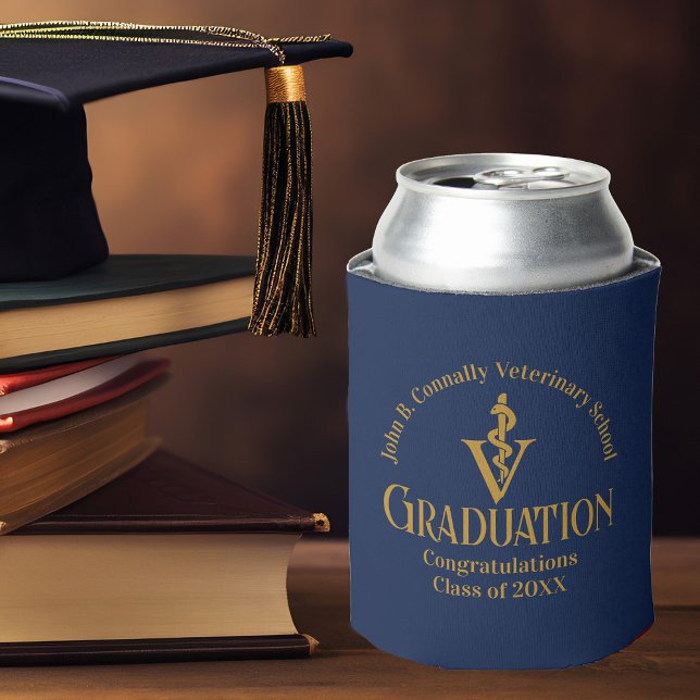 Navy Blue Gold Veterinary School Graduation Party Can Cooler (Creator Uploaded)