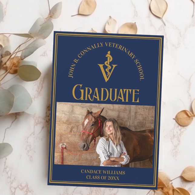 Navy Blue Gold Veterinary School Photo Graduation Announcement (Creator Uploaded)