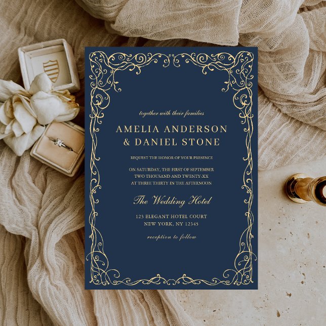 Navy Blue Gold Victorian Elegant Wedding Invitation (Creator Uploaded)