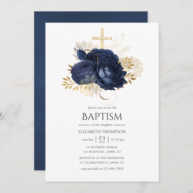 Navy Blue & Gold Vintage Shabby Roses Baptism Invitation (Front/Back)