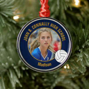 Navy Blue Gold Volleyball Player Photo Christmas Metal Ornament