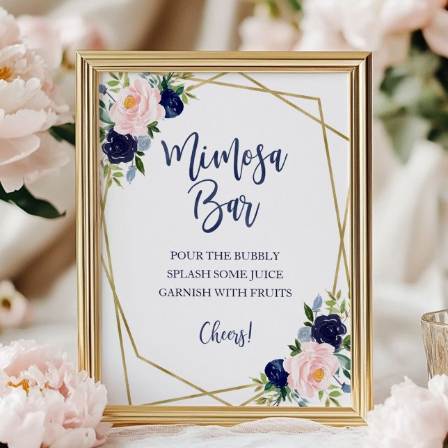 Navy Blue Gold Watercolor Floral Mimosa Bar Sign (Creator Uploaded)