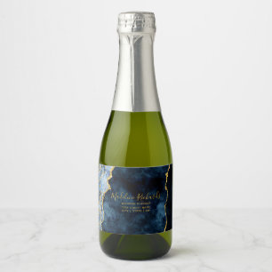 Navy Blue & Gold Watercolor Marble Agate Gilded Sparkling Wine Label