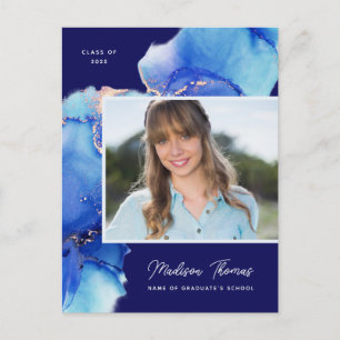 Navy Blue Gold Watercolor Photo Graduation Postcard