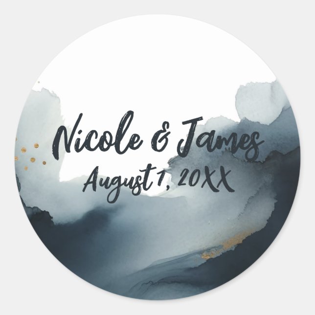 Navy Blue & Gold Watercolor Wedding Classic Round Sticker (Front)