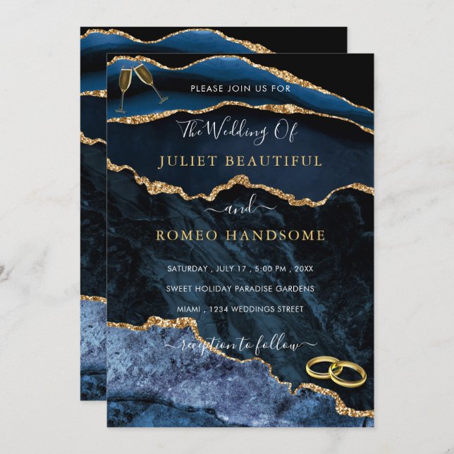 Navy Blue Gold Wedding Invitation Design Your Own (Front/Back)