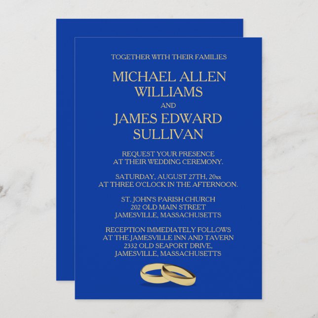 Navy Blue, Gold Wedding Invitations for Two Grooms (Front/Back)