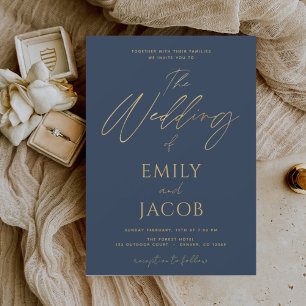 Navy Blue Gold Wedding Modern Typography Script Invitation