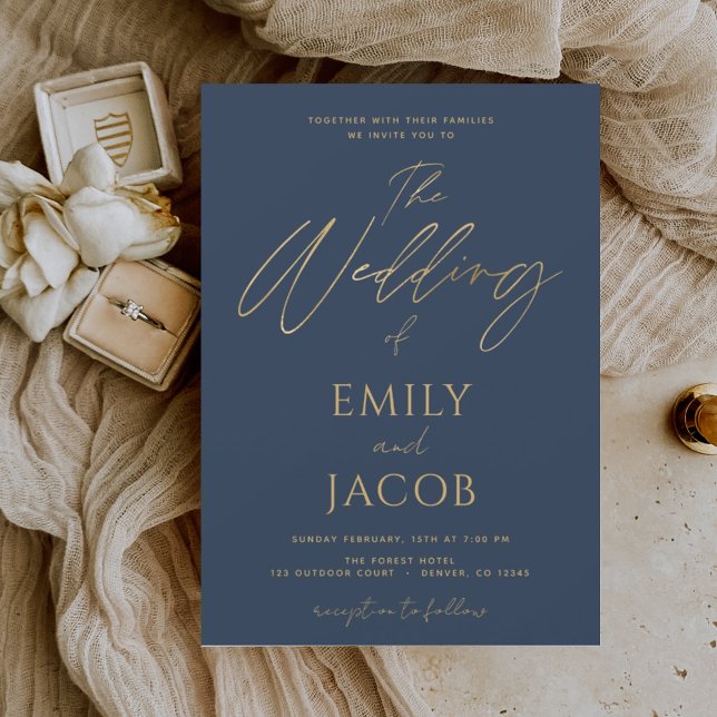 Navy Blue Gold Wedding Modern Typography Script Invitation (Creator Uploaded)