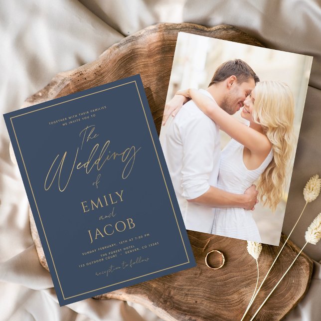 Navy Blue Gold Wedding Photo Picture Typography Invitation (Creator Uploaded)