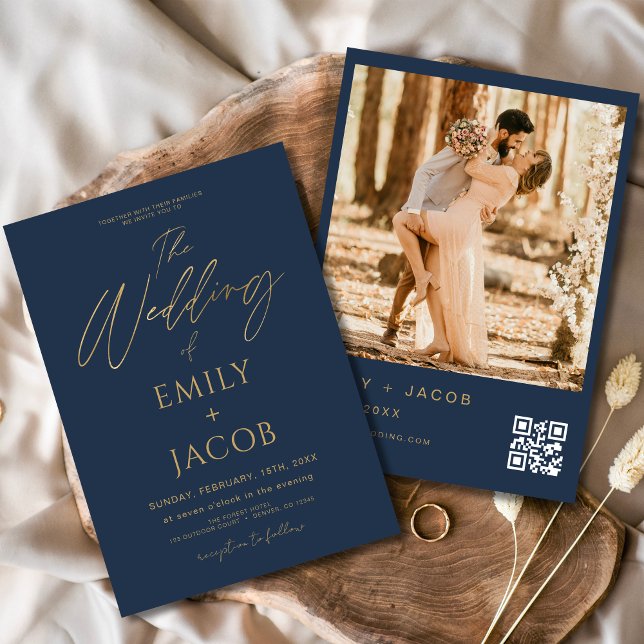 Navy Blue Gold Wedding QR Code Photo Script Invitation (Creator Uploaded)