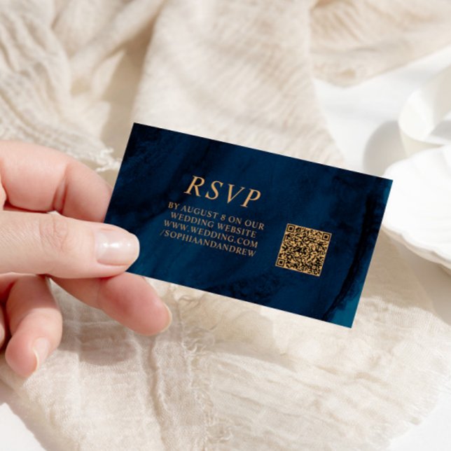 Navy Blue & Gold Wedding QR Code RSVP Enclosure Card (Creator Uploaded)