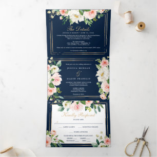 Navy Blue Gold Wedding Tri-Fold Invitations RSVP
