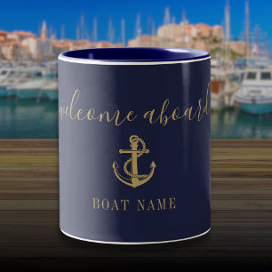 Navy Blue Gold Welcome Aboard Nautical Boat Name Two-Tone Coffee Mug