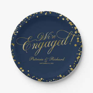 Navy Blue Gold We're Engaged Engagement Party Paper Plate