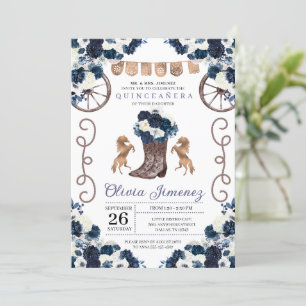 Navy Blue Gold Western Charra Boots Quinceañera Invitation